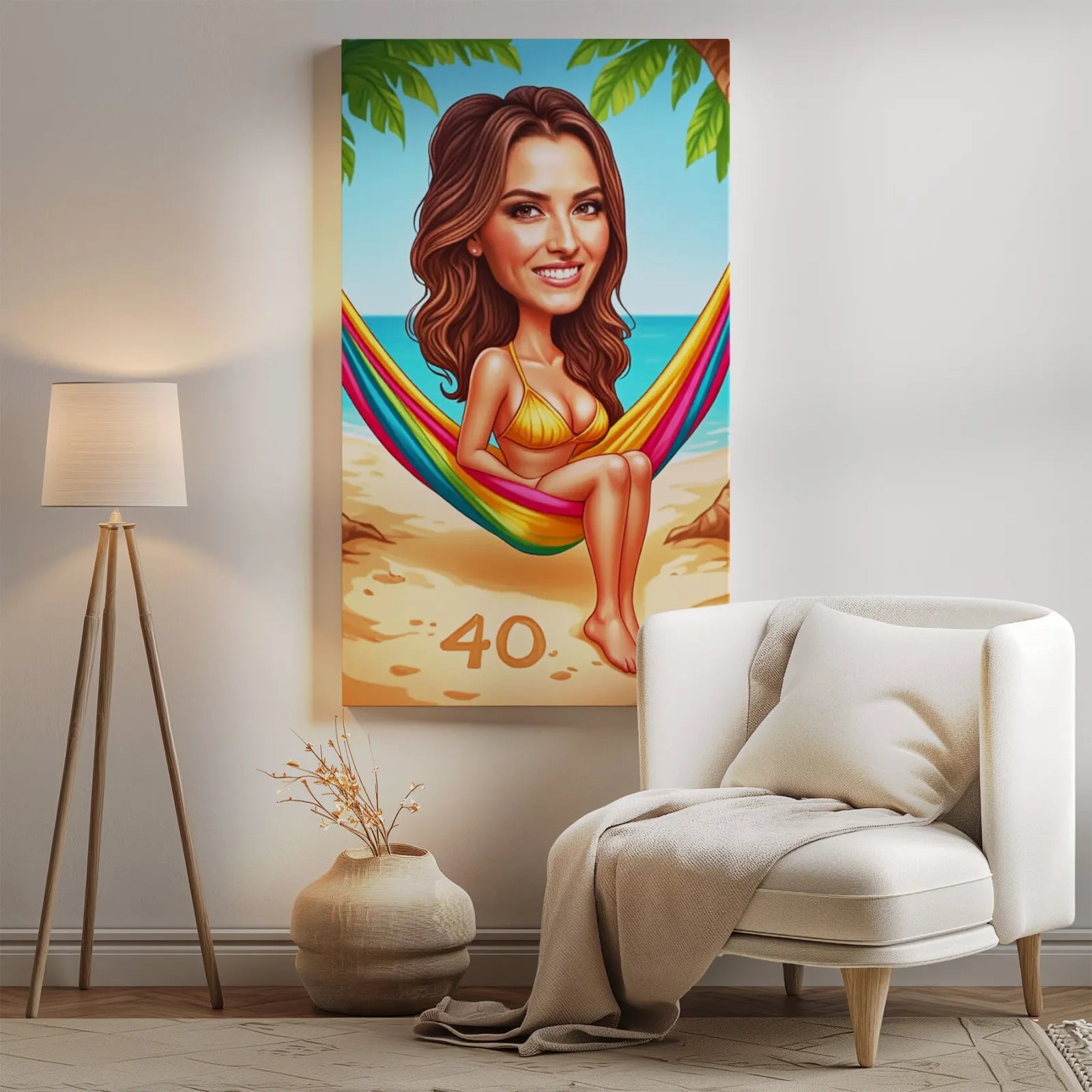 Humorystyczny plakat na płótnie w temat plaży i hamaka dla prezentu urodzinowego