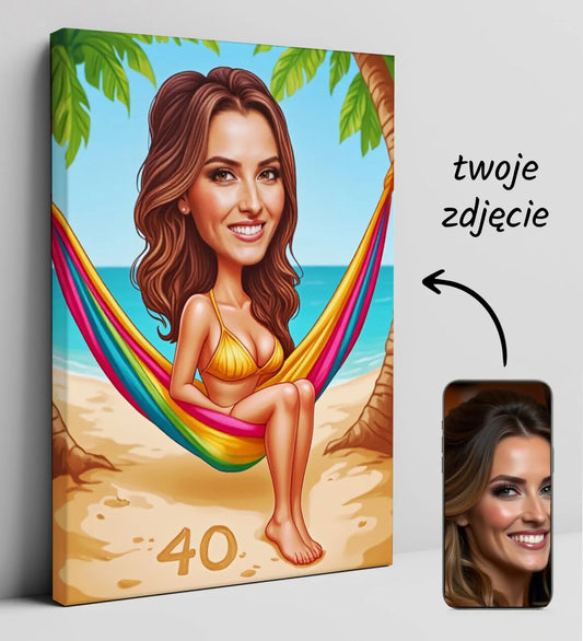 Karykatura kobiety na hamaku na plaży, prezent na urodziny z motywem plażowym