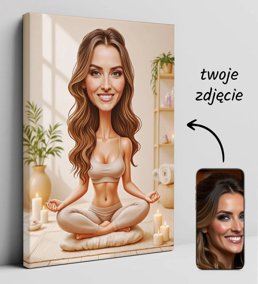 Karykatura kobiety joginki na płótnie, humorystyczny obraz do dekoracji domu
