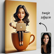 Personalizowany portret kobiety z kawą na płótnie, idealny prezent dla kawoszki