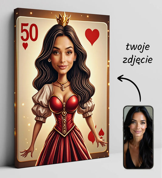 Personalizowany portret na płótnie przedstawiający kobietę jako królowa kier