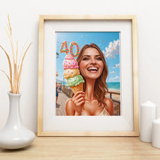 Framed birthday art z kobietą z lodami na prezent urodzinowy 40 lat z humorem