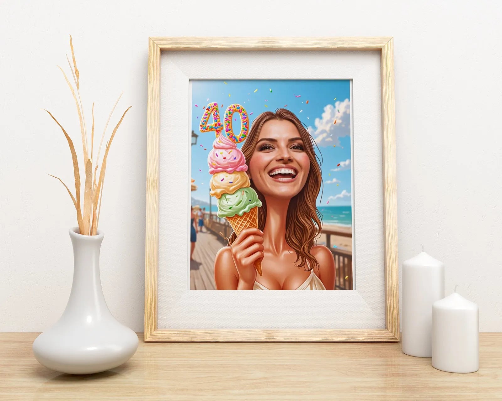 Framed birthday art z kobietą z lodami na prezent urodzinowy 40 lat z humorem