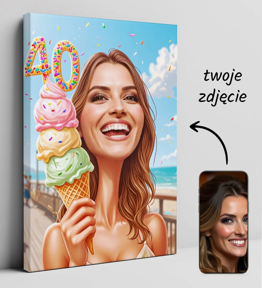 Personalizowany płótno z motywem kobiety z lodami na 40 urodziny z humorem