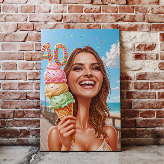 Kanvas z kobietą trzymającą lodowy konus jako humorystyczny prezent na 40 urodziny