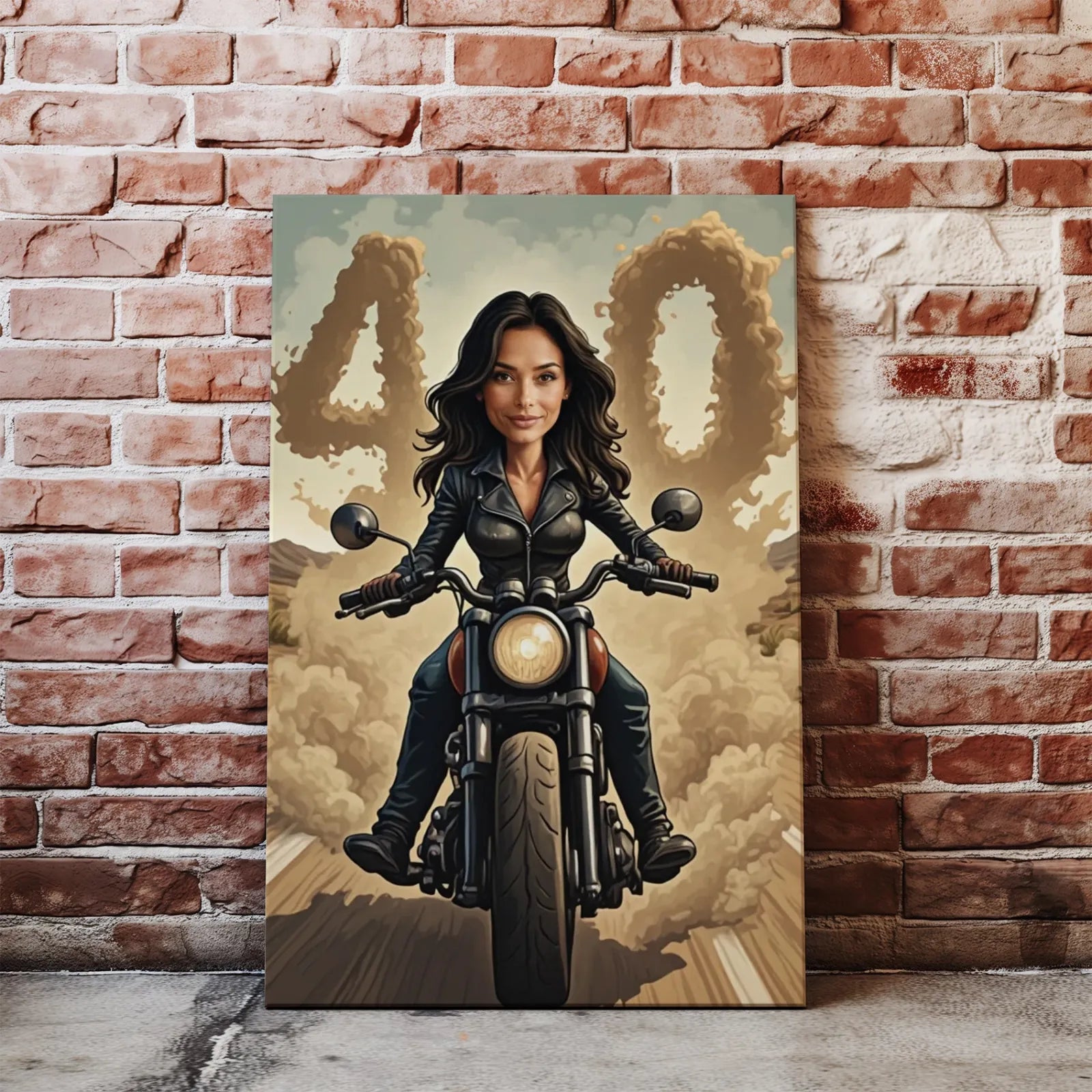 Karykatura kobiety na motocyklu z dymem w kształcie cyfry 40 na prezent urodzinowy