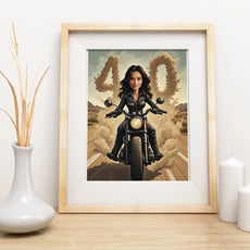 Framed motorcycle rider caricature as birthday gift with number for women