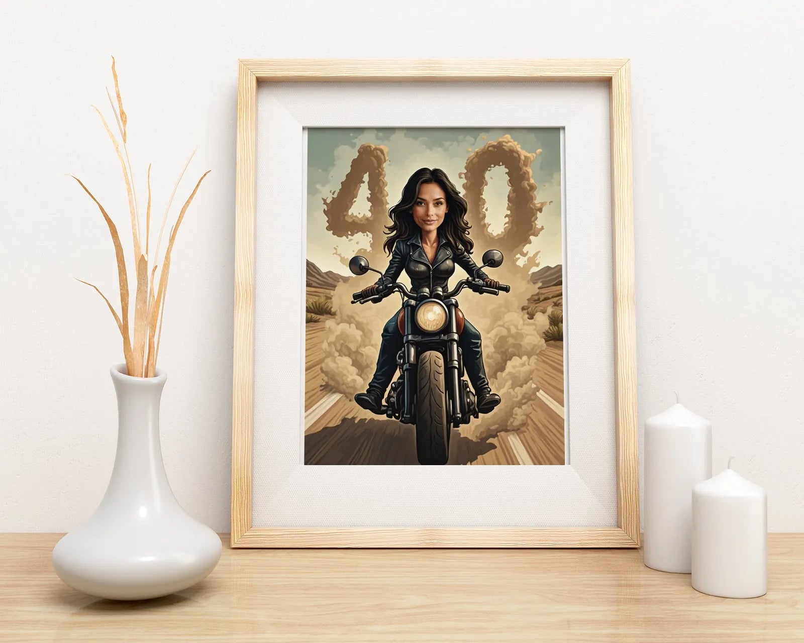 Framed motorcycle rider caricature as birthday gift with number for women