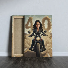 Canvas print przedstawiający kobietę na motocyklu jako prezent na urodziny