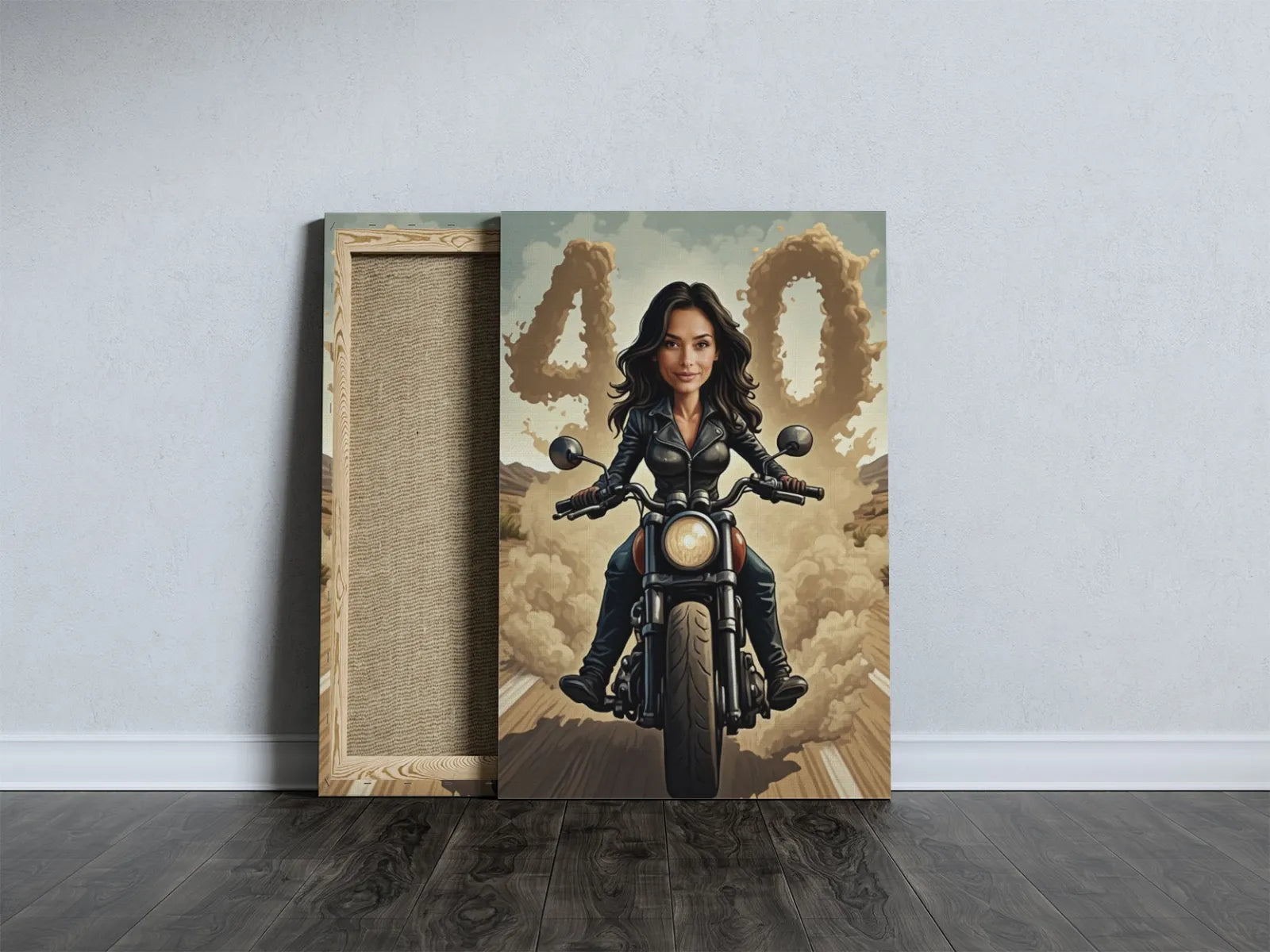 Canvas print przedstawiający kobietę na motocyklu jako prezent na urodziny