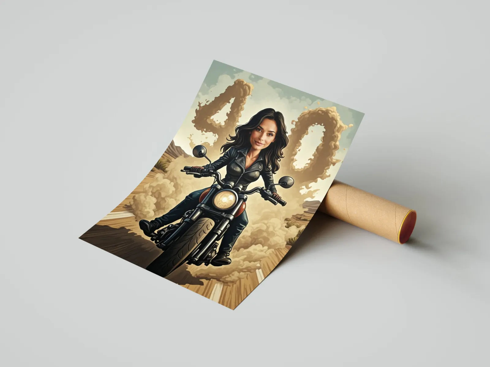 Poster urodzinowy z motywem motocykla i karykaturą kobiety na motocyklu