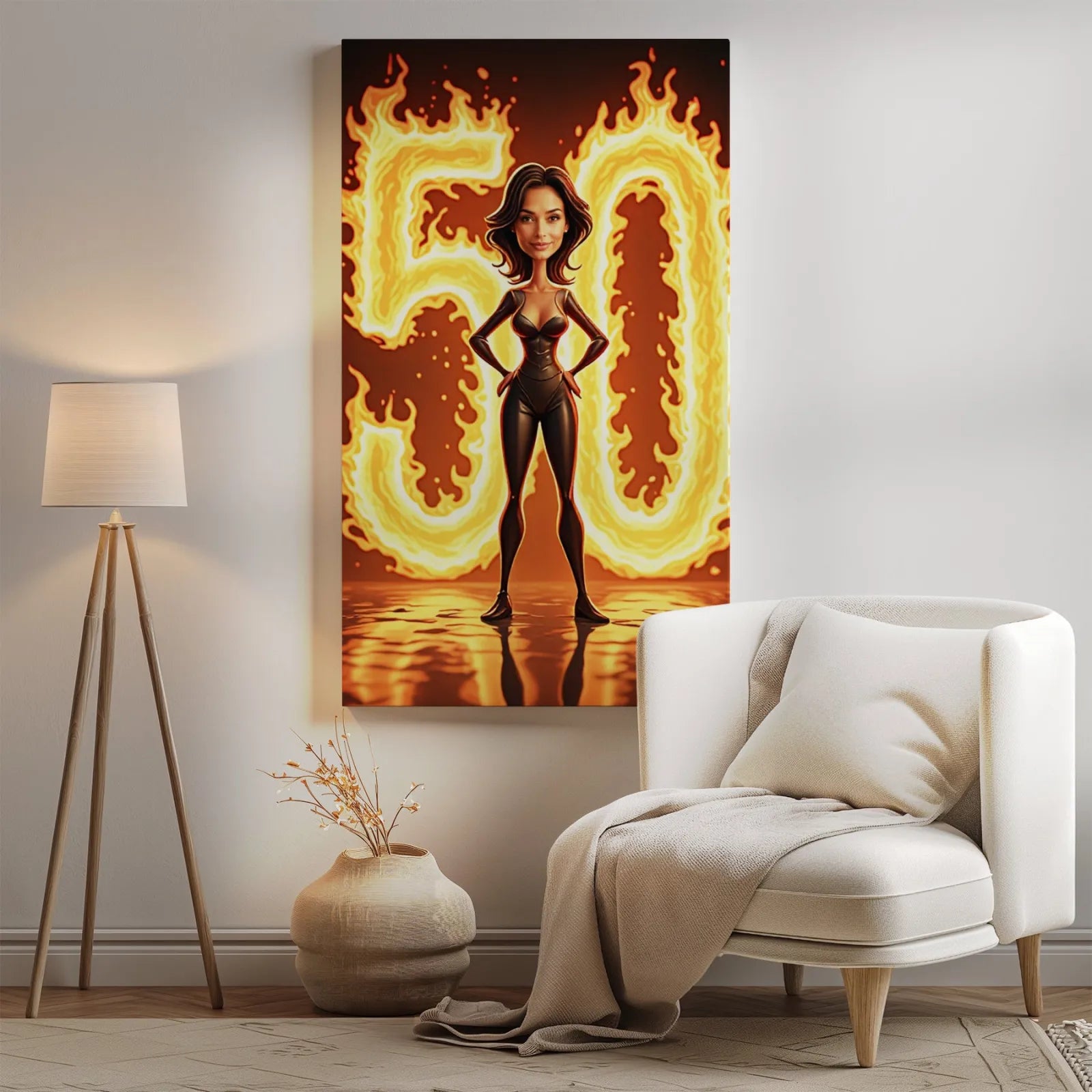 Plakat na płótnie z kreskówkową kobietą w czarnym catsuit i płomieniami za nią