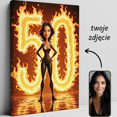 Personalizowany obraz na płótnie z stylizowaną kobiecą karykaturą i płonącym numerem 50