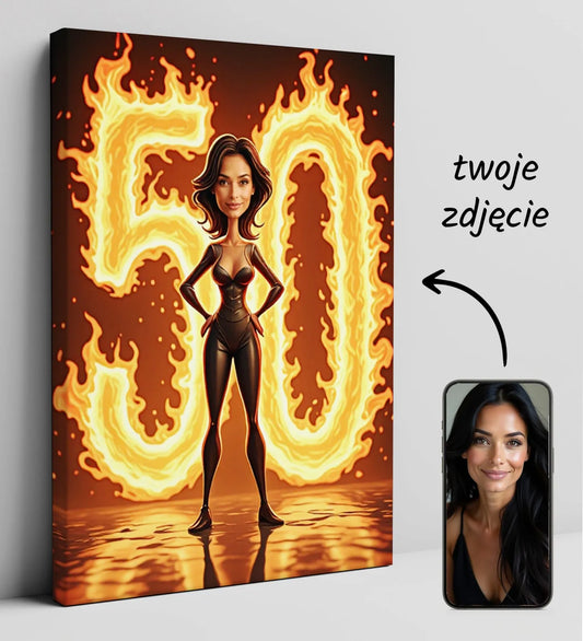 Personalizowany obraz na płótnie z stylizowaną kobiecą karykaturą i płonącym numerem 50