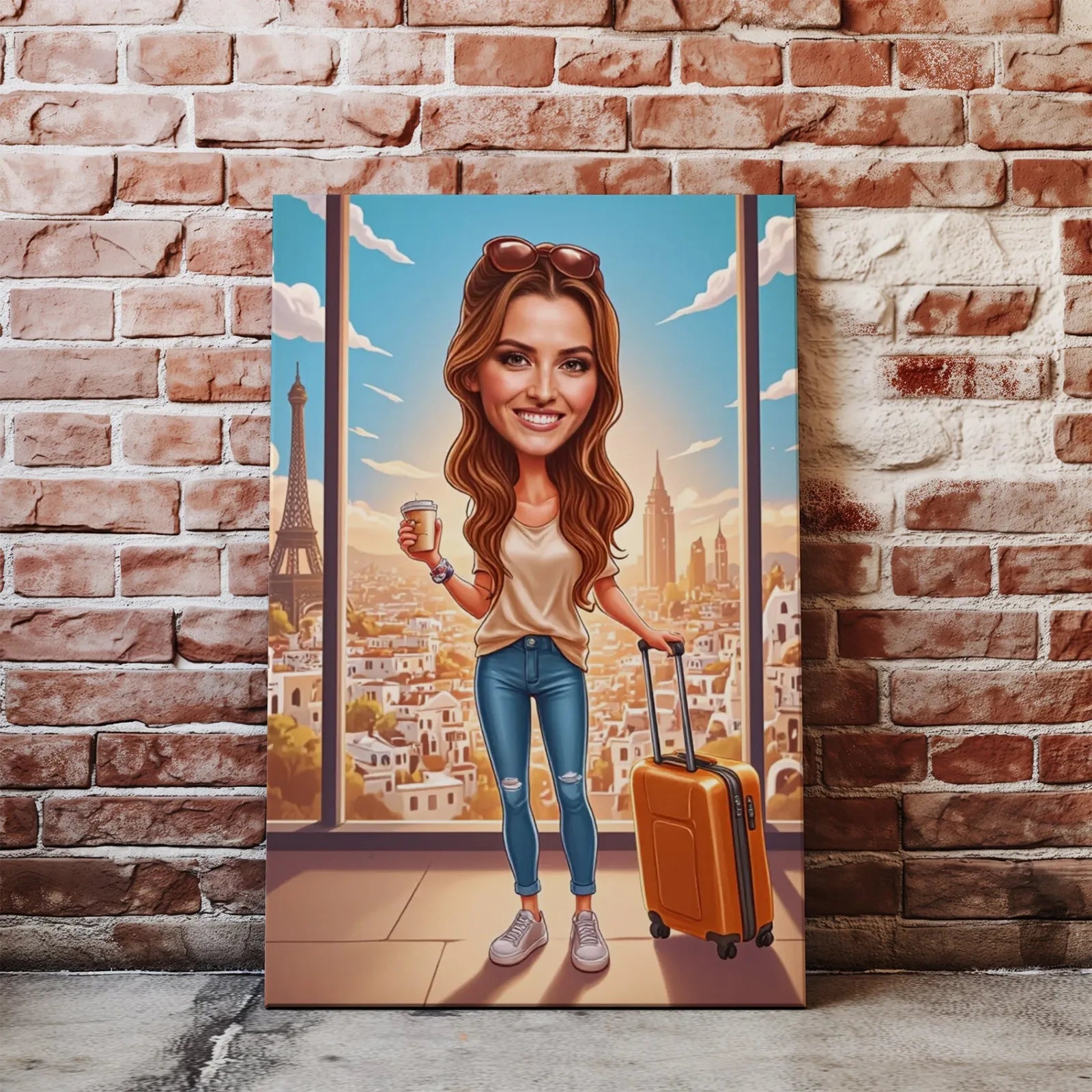 Cartoon travel portrait of a woman as a путешественница in vibrant colors