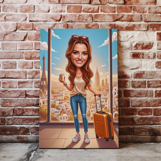 Cartoon travel portrait of a woman as a путешественница in vibrant colors