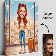 Personalized travel caricature canvas featuring a woman as a traveler artwork