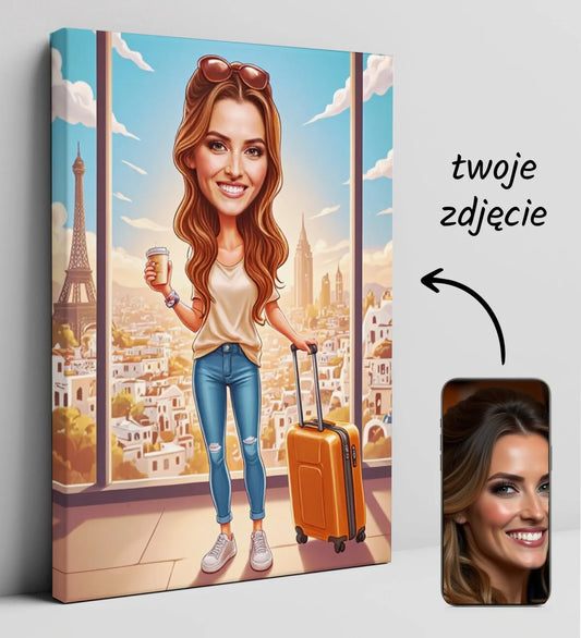 Personalized travel caricature canvas featuring a woman as a traveler artwork