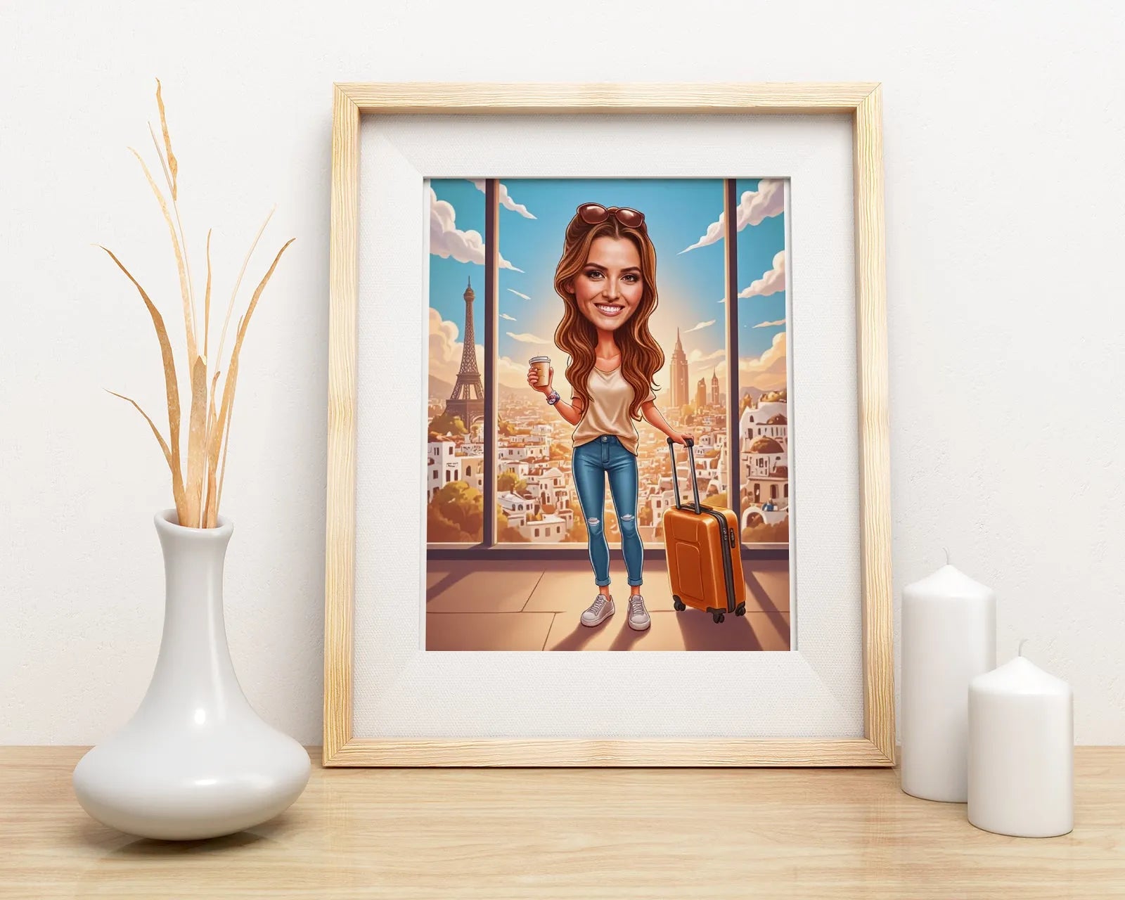 Oprawiony rysunkowy portret podróżniczki w stylu karykatury kobiety jako podróżniczki