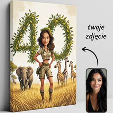 Personalizowany safari obraz na płótnie z kobiety na safari, unikalny prezent