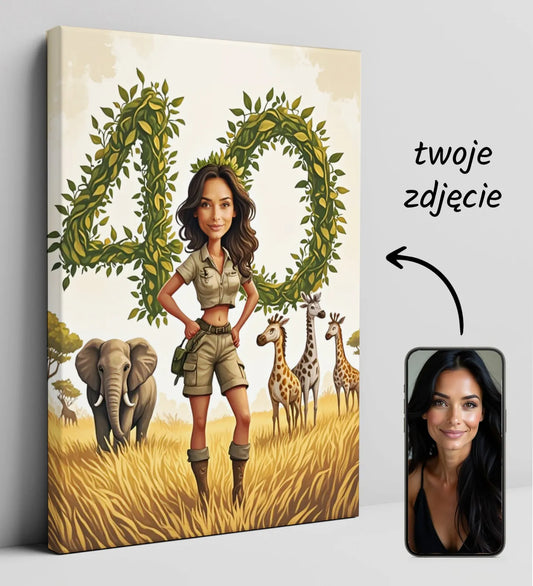 Personalizowany safari obraz na płótnie z kobiety na safari, unikalny prezent
