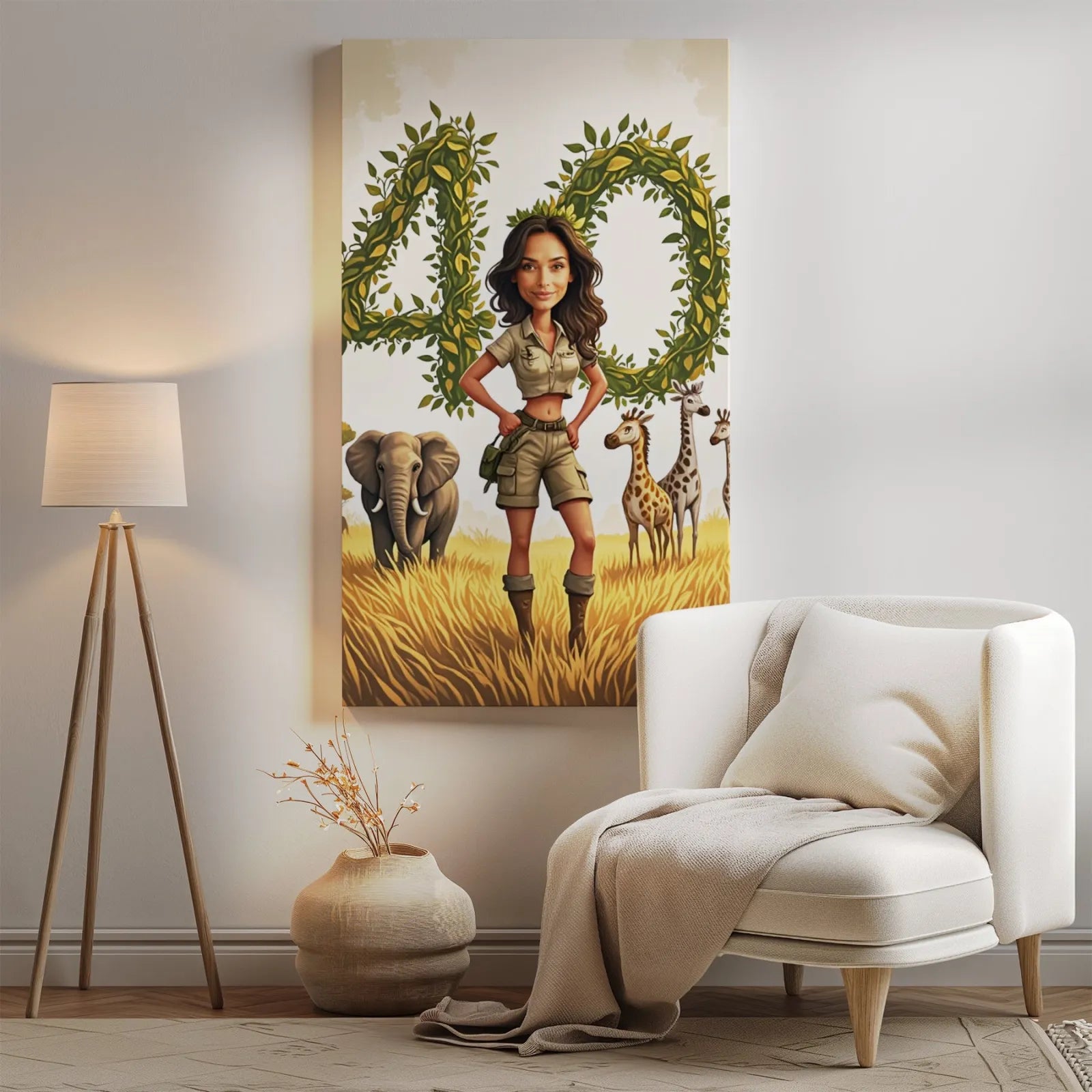Plakat urodzinowy w tematyce Safari z Karykatura kobiety na safari