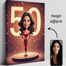 Personalizowany druk na płótnie z cartoonową kobietą w czerwonej sukni i numerem 50