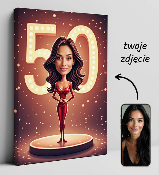 Personalizowany druk na płótnie z cartoonową kobietą w czerwonej sukni i numerem 50