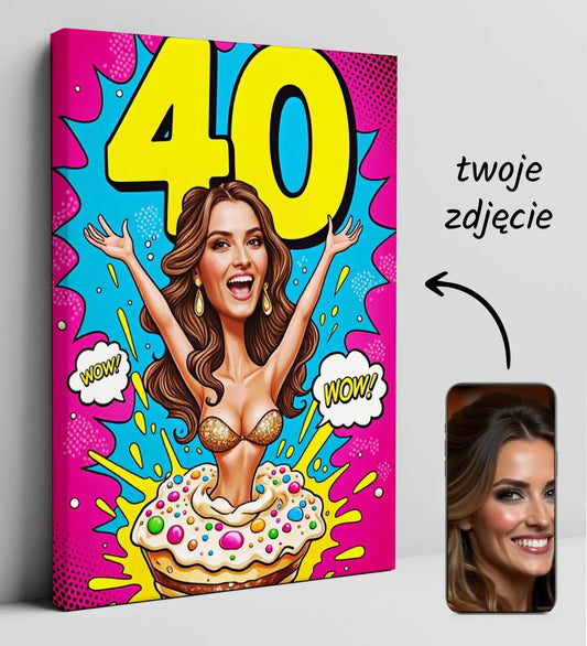 Karykatura kobiety w stylu pop-art na 40 urodziny jako śmieszny prezent