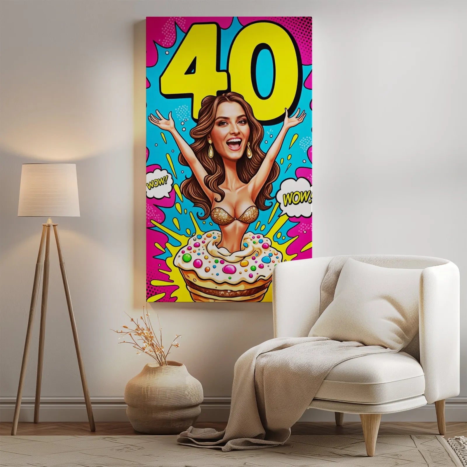 Kolorowa cartoonowa kanwa na 40 urodziny w stylu pop-art dla prezentu kobiety