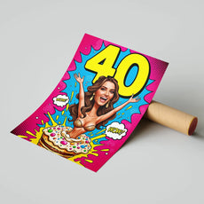 Karykatura kobiety w stylu pop-art na 40 urodziny, śmieszny plakat urodzinowy