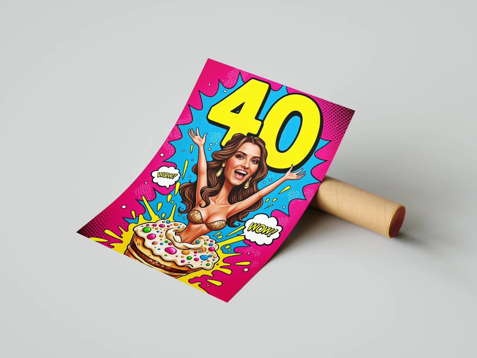 Karykatura kobiety w stylu pop-art na 40 urodziny, śmieszny plakat urodzinowy