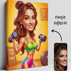 Karykatura kobiety jako trenerki fitness na kanwie canvasu plakatowego