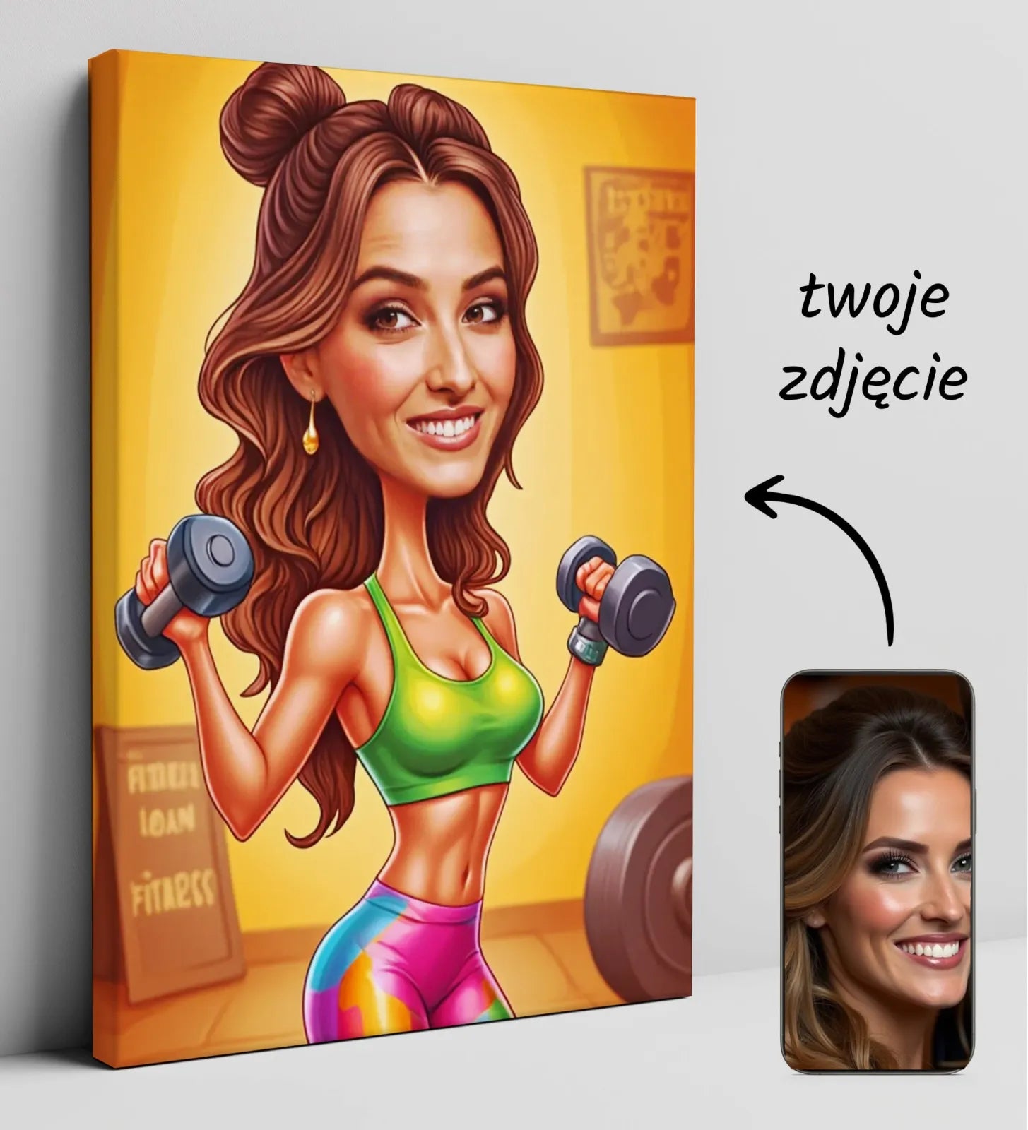 Karykatura kobiety jako trenerki fitness na kanwie canvasu plakatowego
