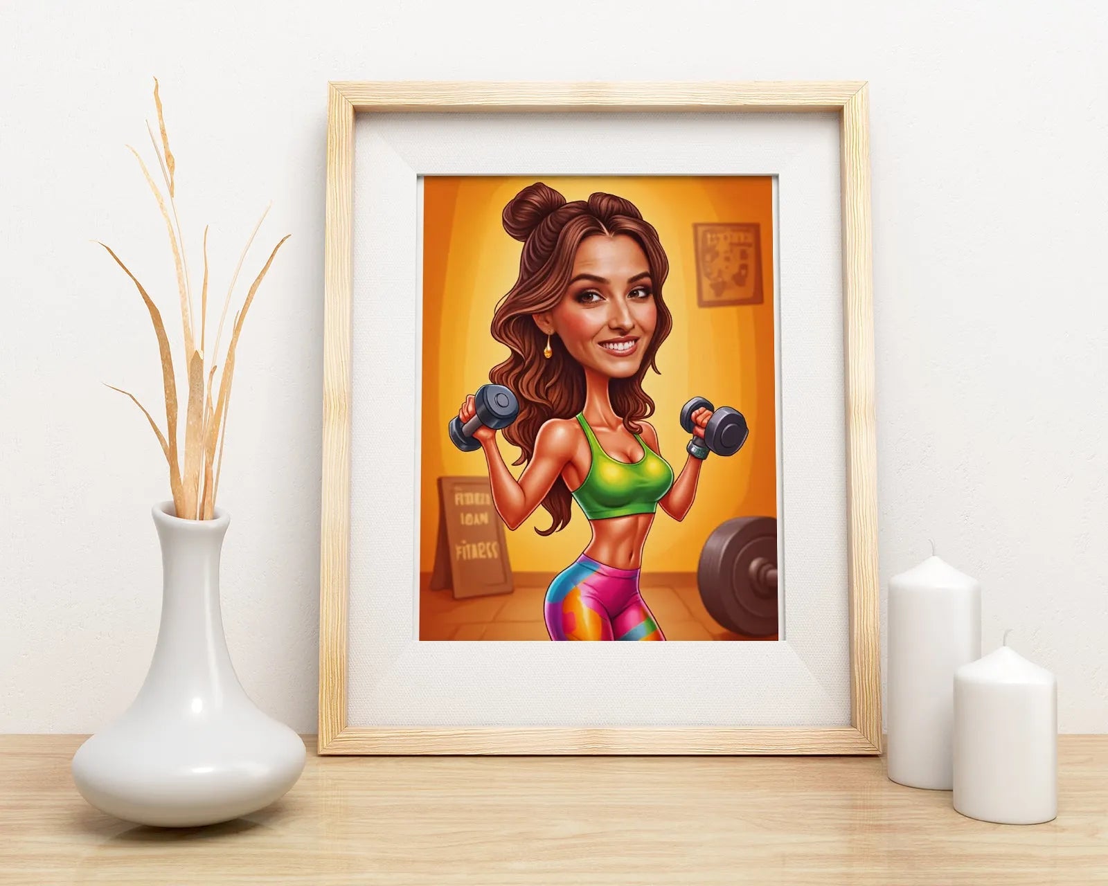 Framed cartoon kobiety jako trenerki fitness podnoszącej ciężary, dekoracja wnętrza