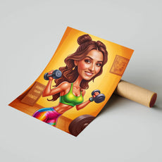 Karykatura kobiety jako trenerki fitness na kolorowym plakacie cartoonowym