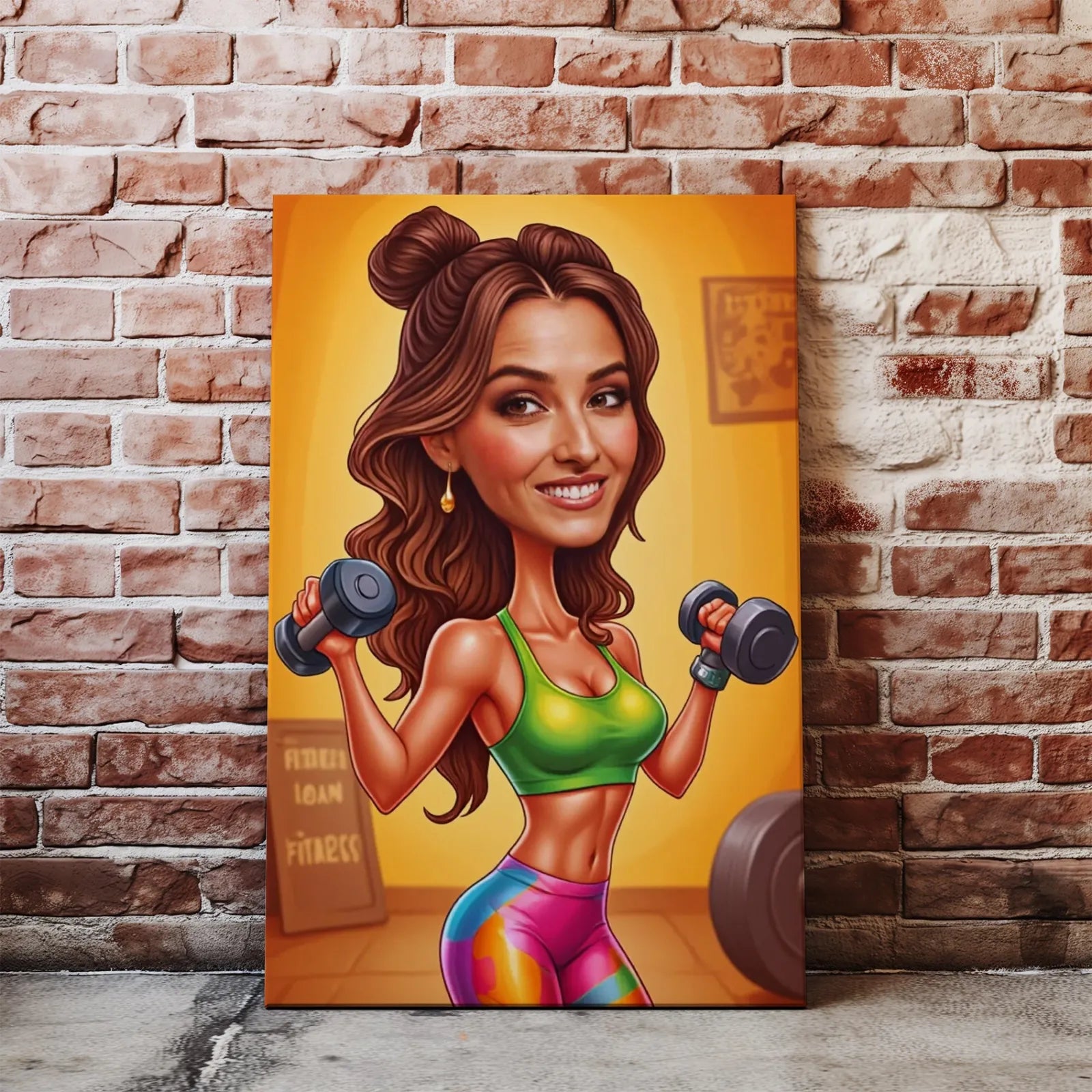 Karykatura kobiety jako trenerki fitness z hantlami w kreskówkowym stylu