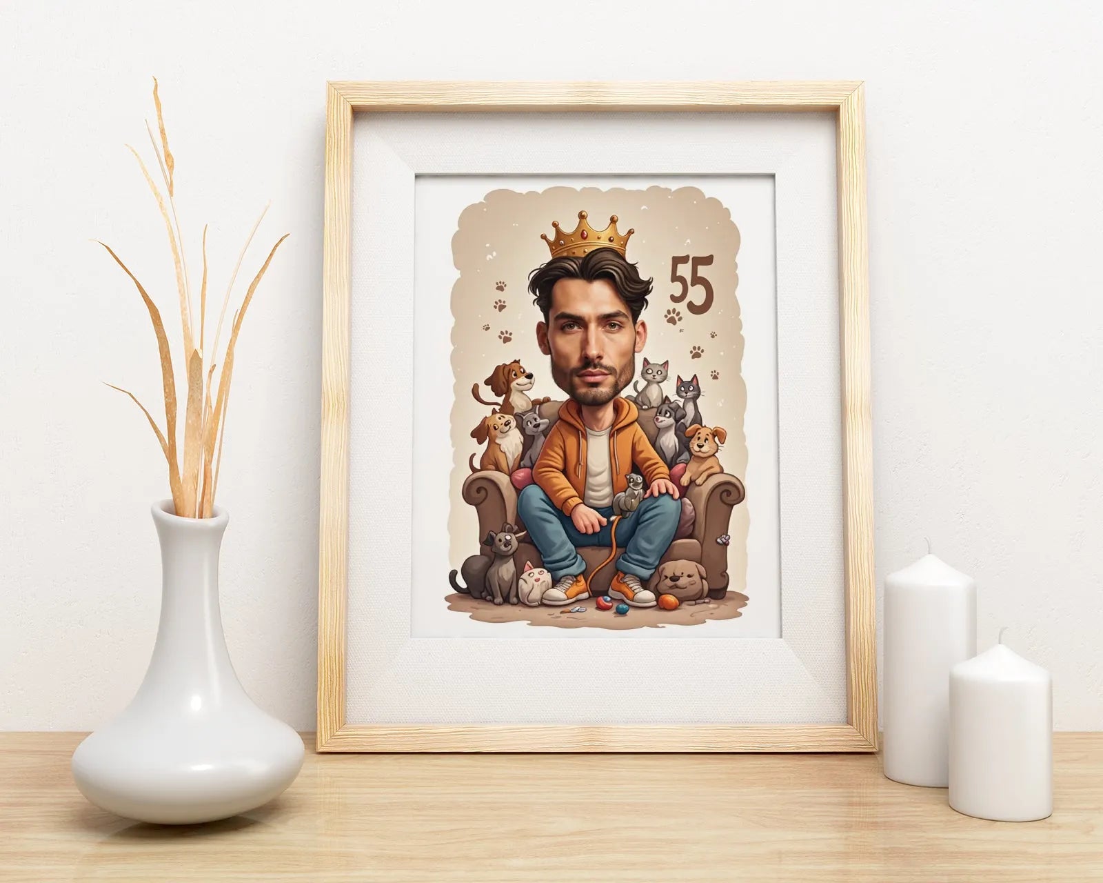 Cardboard cartoon portrait of a man with pets, idealny prezent na 55. urodziny