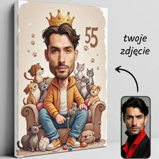 Karykatura portret z kotami i psami jako prezent na 55 urodziny miłośnika zwierząt