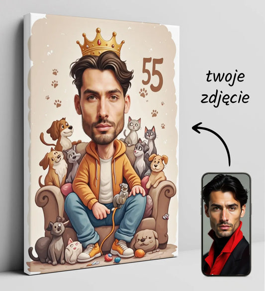 Karykatura portret z kotami i psami jako prezent na 55 urodziny miłośnika zwierząt