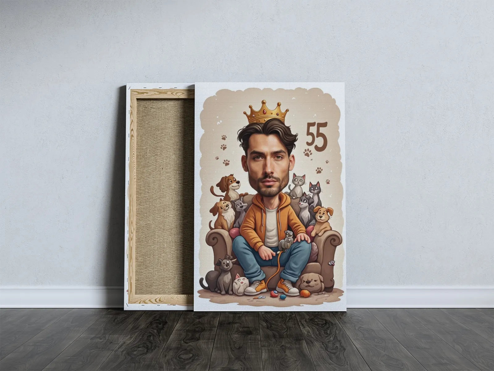 Canvas print z mężczyzną i jego zwierzętami na prezent na 55 urodziny dla miłośnika zwierząt