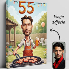 Personalizowany portret na 55 urodziny z motywem grilla na płótnie dla fana grillowania