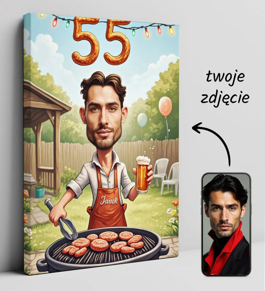 Personalizowany portret na 55 urodziny z motywem grilla na płótnie dla fana grillowania