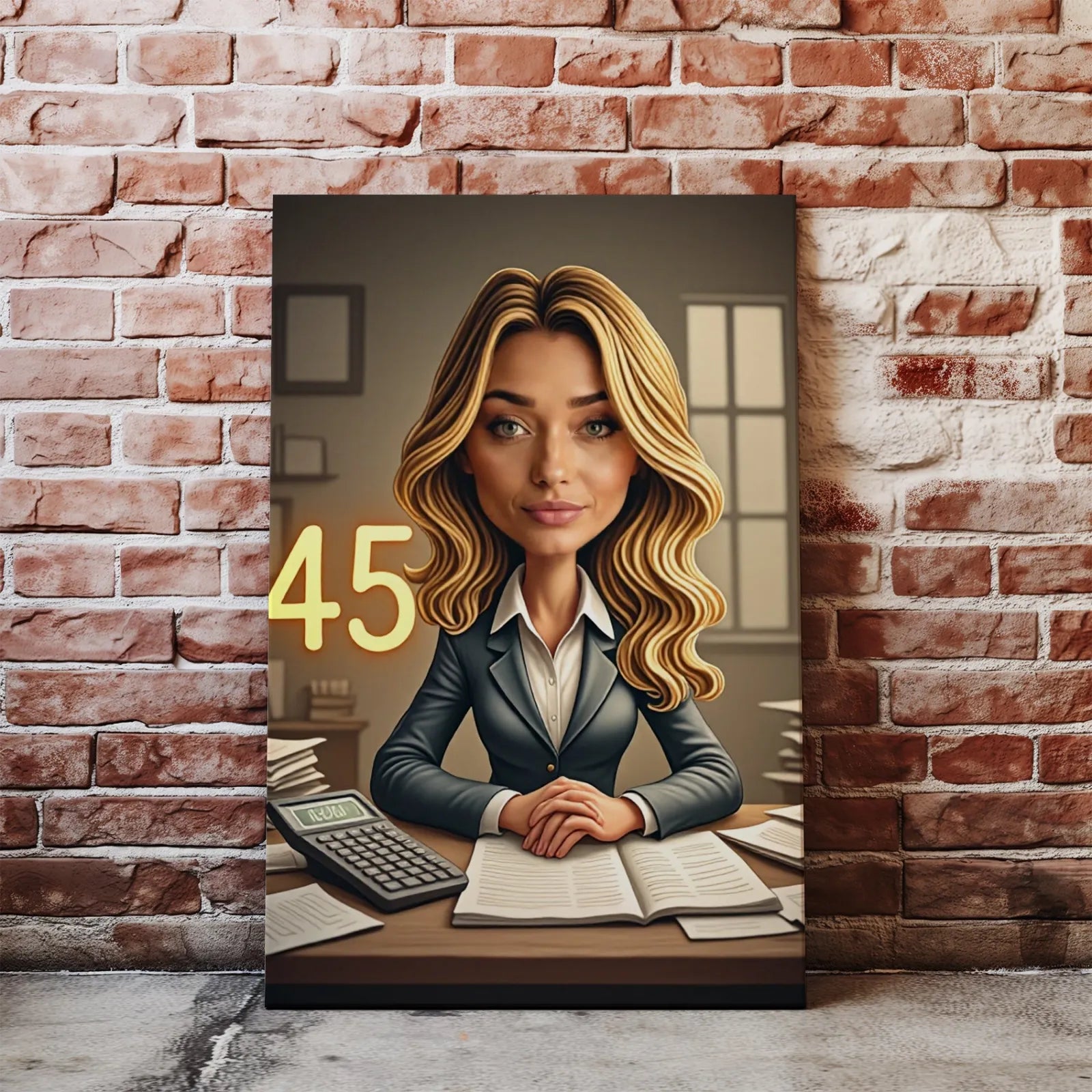Canvas print przedstawiający blondynkę w garniturze przy biurku z książką i kalkulatorem