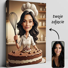 Personalizowana kreskówkowa portret kobiety jako piekarni z czekoladowym tortem