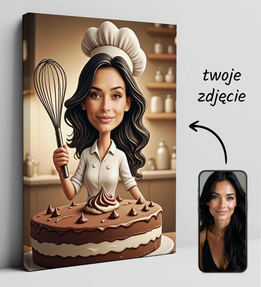Personalizowana kreskówkowa portret kobiety jako piekarni z czekoladowym tortem