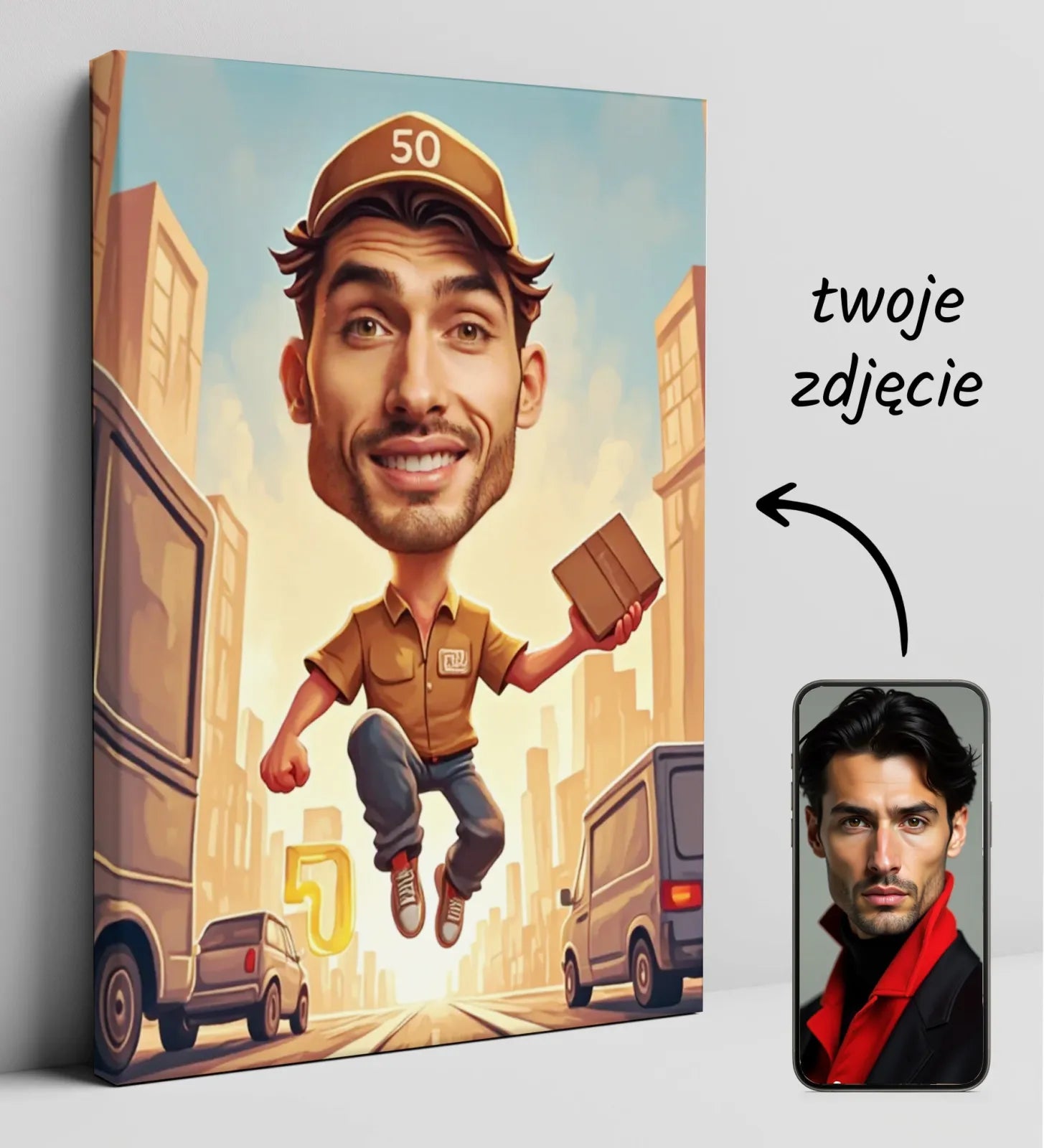 Caricature delivery man canvas prezent dla kuriera na urodziny
