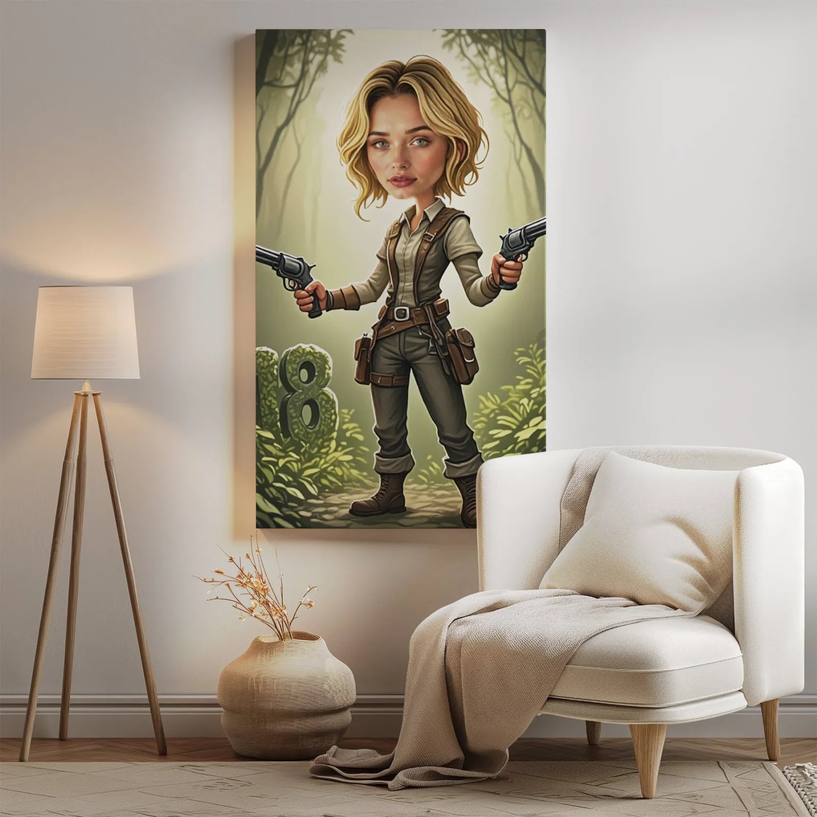 Kolorowa kanwa z karykaturą blondynki w stroju Lara Croft w dżungli z rewolwerami