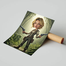 Rolowany plakat z kreskówkową blondynką w stylu LARA CROFT z rewolwerami w dżungli