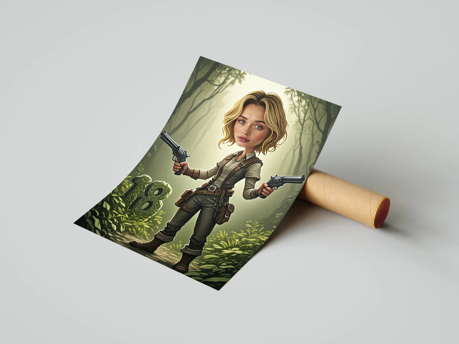 Rolowany plakat z kreskówkową blondynką w stylu LARA CROFT z rewolwerami w dżungli